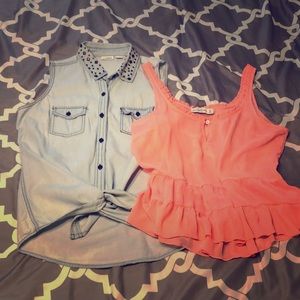 Tank bundle- denim sleeveless and coral ruffle top